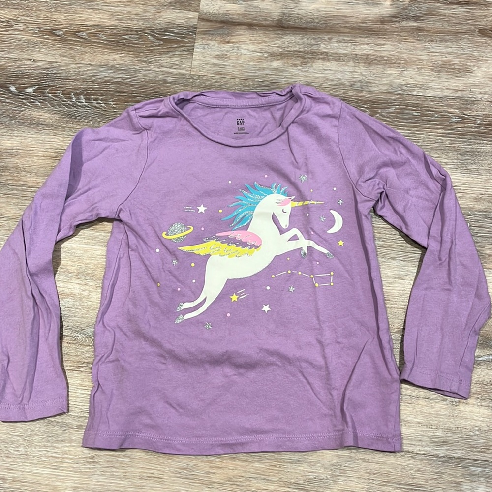 Gap Girls LS glitter unicorn tee, Size 5T